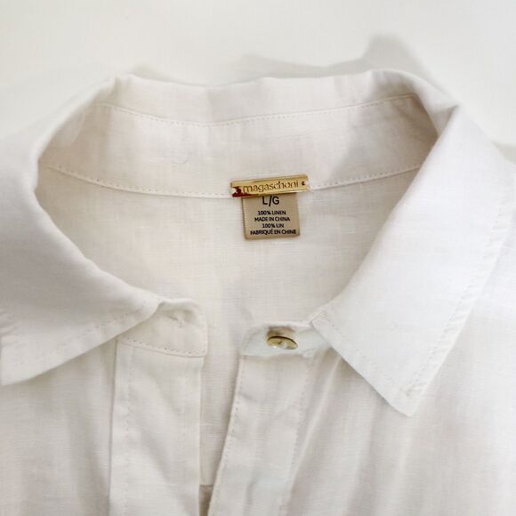 Magaschoni Women's White 100% Linen Midi Button Front Dress Sz Large Shirtdress - Picture 4 of 6